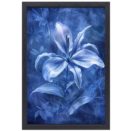 Gedetailleerde digitale lelie in blauw-wit canvas met baklijst