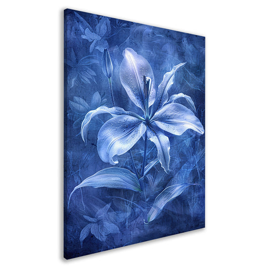 Gedetailleerde digitale lelie in blauw-wit canvas