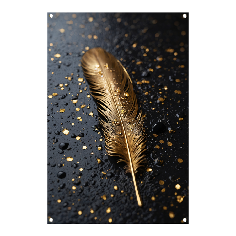 Gouden Veer met Druppels op Zwart tuinposter