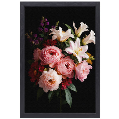Levendige Bloemen tegen Zwarte Achtergrond canvas met baklijst
