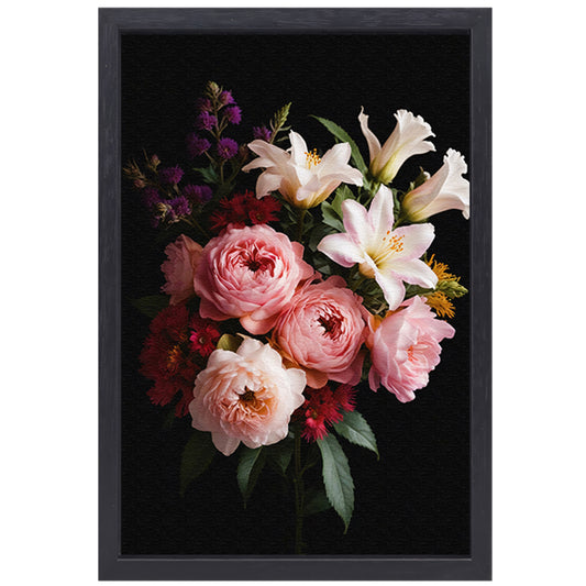 Levendige Bloemen tegen Zwarte Achtergrond canvas met baklijst