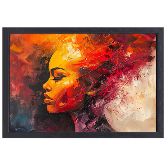 Expressieve abstracte vrouw in warme tinten canvas met baklijst