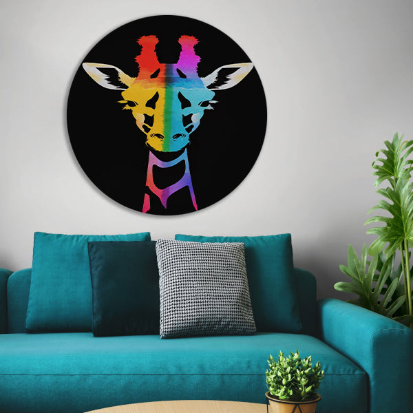 Abstracte kleurrijke giraffe in regenboogkleuren aluminium muurcirkel