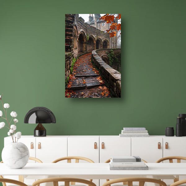 Herfstpad met Stenen Bogen en Bomen canvas met baklijst