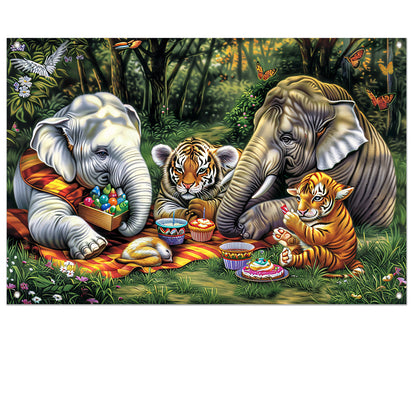 Surrealistische junglepicknick met dieren tuinposter