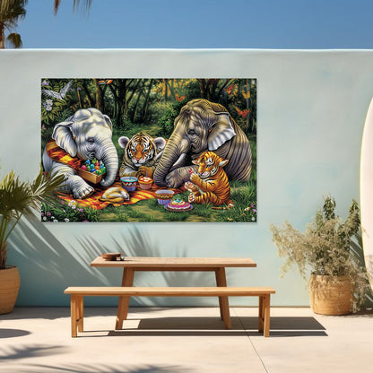 Surrealistische junglepicknick met dieren tuinposter