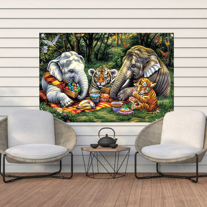 Surrealistische junglepicknick met dieren tuinposter