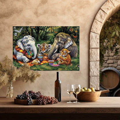 Surrealistische junglepicknick met dieren tuinposter