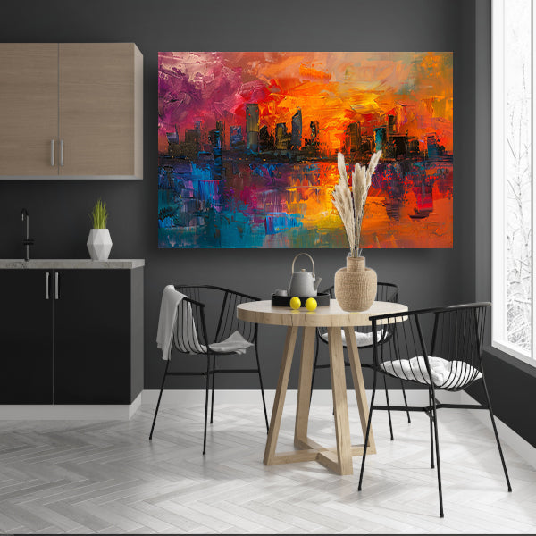 Kleurrijke abstracte skyline bij zonsondergang reflectie poster
