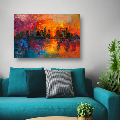 Kleurrijke abstracte skyline bij zonsondergang reflectie acrylglas