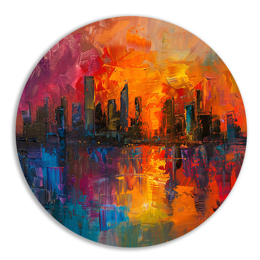 Kleurrijke abstracte skyline bij zonsondergang reflectie forex muurcirkel