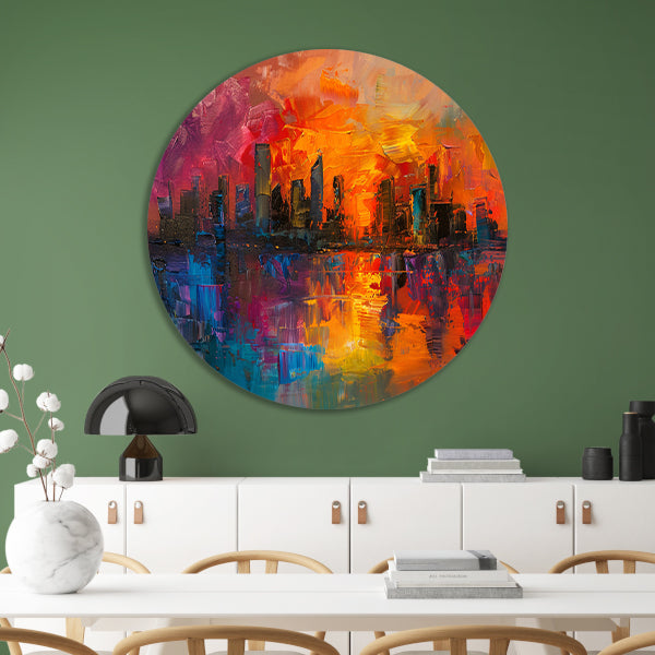 Kleurrijke abstracte skyline bij zonsondergang reflectie aluminium muurcirkel
