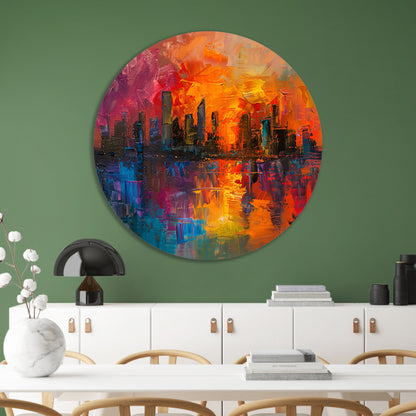 Kleurrijke abstracte skyline bij zonsondergang reflectie aluminium muurcirkel