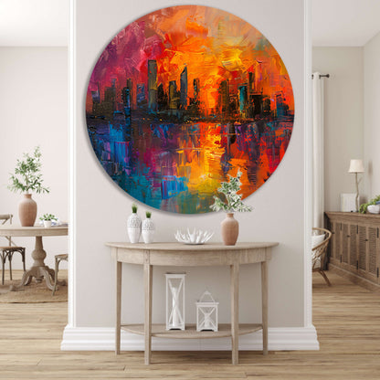 Kleurrijke abstracte skyline bij zonsondergang reflectie forex muurcirkel