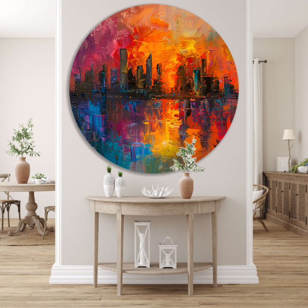 Kleurrijke abstracte skyline bij zonsondergang reflectie aluminium muurcirkel