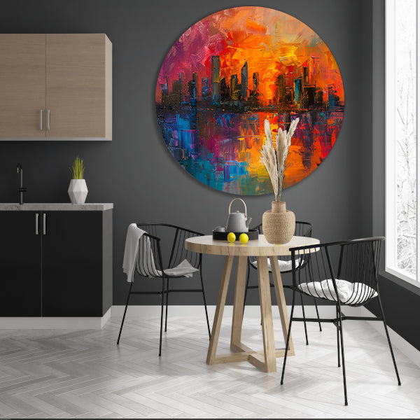 Kleurrijke abstracte skyline bij zonsondergang reflectie aluminium muurcirkel