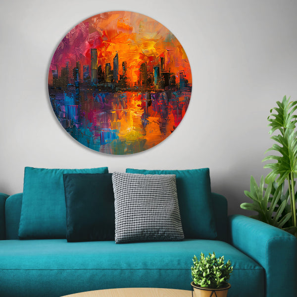 Kleurrijke abstracte skyline bij zonsondergang reflectie forex muurcirkel