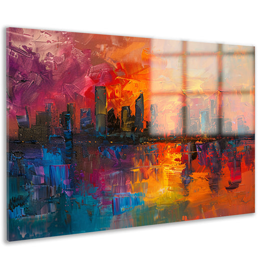 Kleurrijke abstracte skyline bij zonsondergang reflectie acrylglas