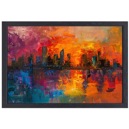 Kleurrijke abstracte skyline bij zonsondergang reflectie canvas met baklijst