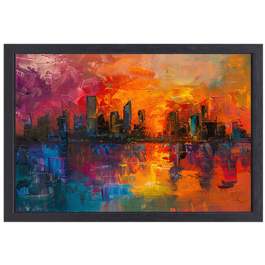 Kleurrijke abstracte skyline bij zonsondergang reflectie canvas met baklijst