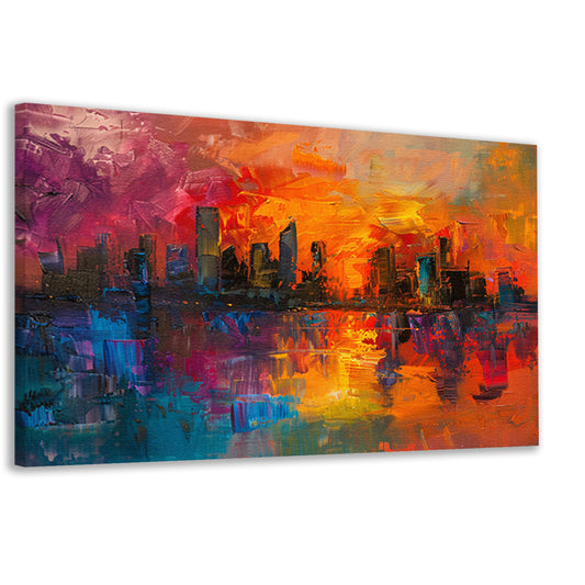 Kleurrijke abstracte skyline bij zonsondergang reflectie canvas
