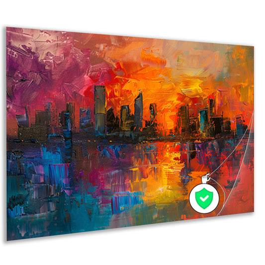 Kleurrijke abstracte skyline bij zonsondergang reflectie poster