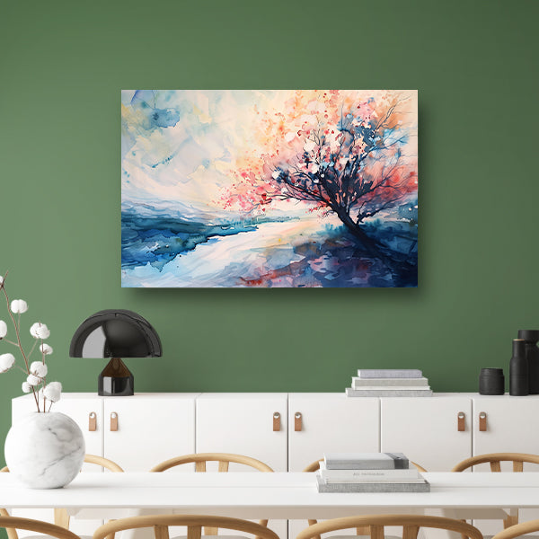 Bloeiende boom in serene aquarel landschapsweergave poster