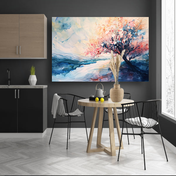 Bloeiende boom in serene aquarel landschapsweergave canvas
