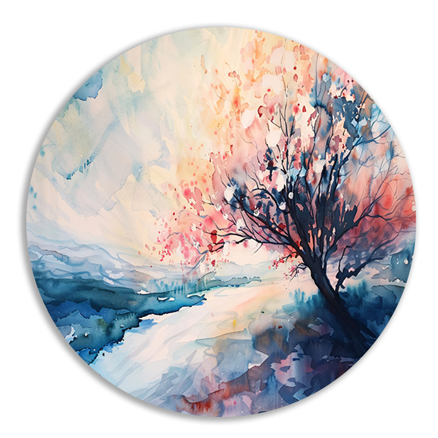 Bloeiende boom in serene aquarel landschapsweergave aluminium muurcirkel