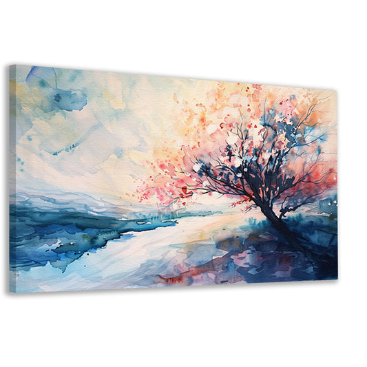 Bloeiende boom in serene aquarel landschapsweergave canvas