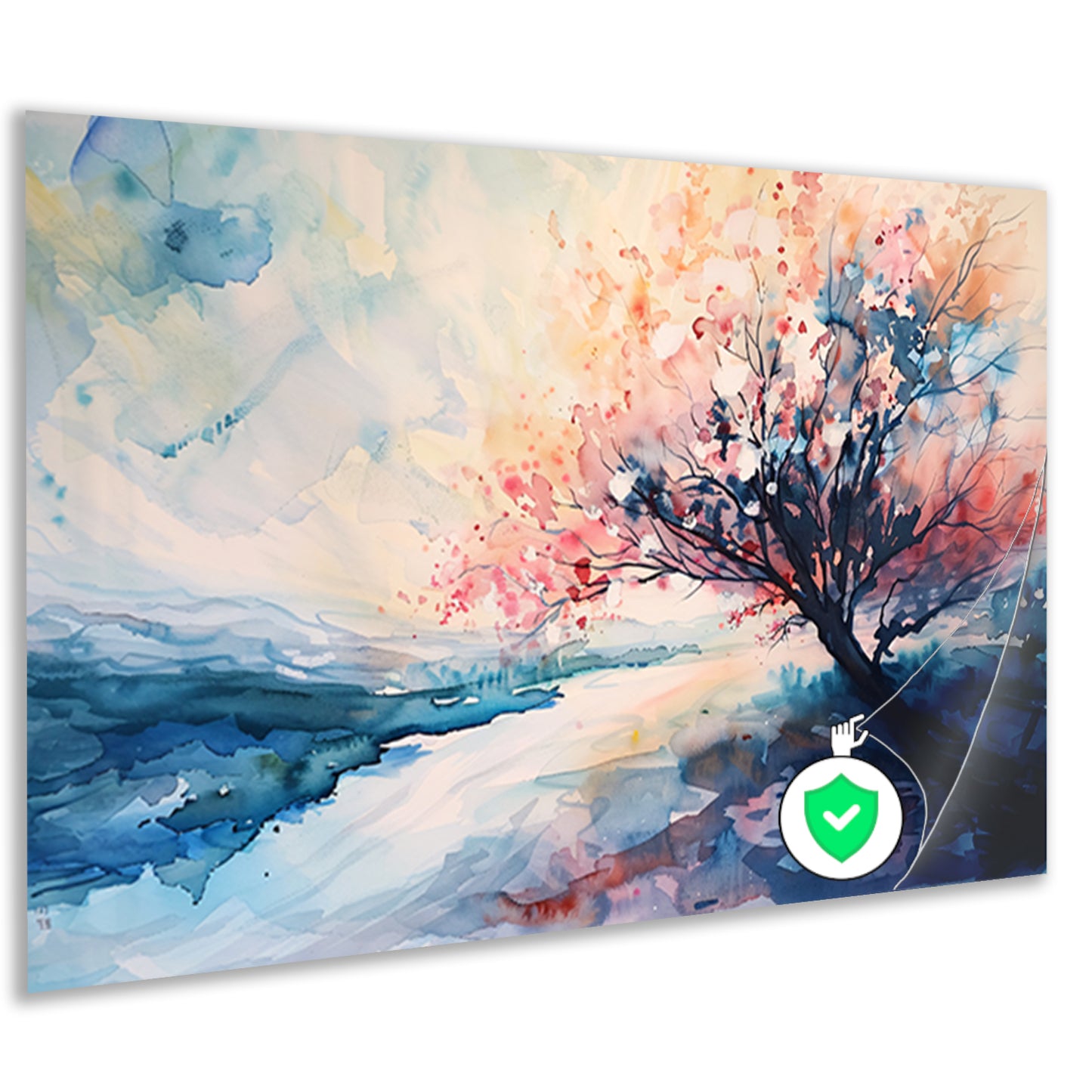 Bloeiende boom in serene aquarel landschapsweergave poster