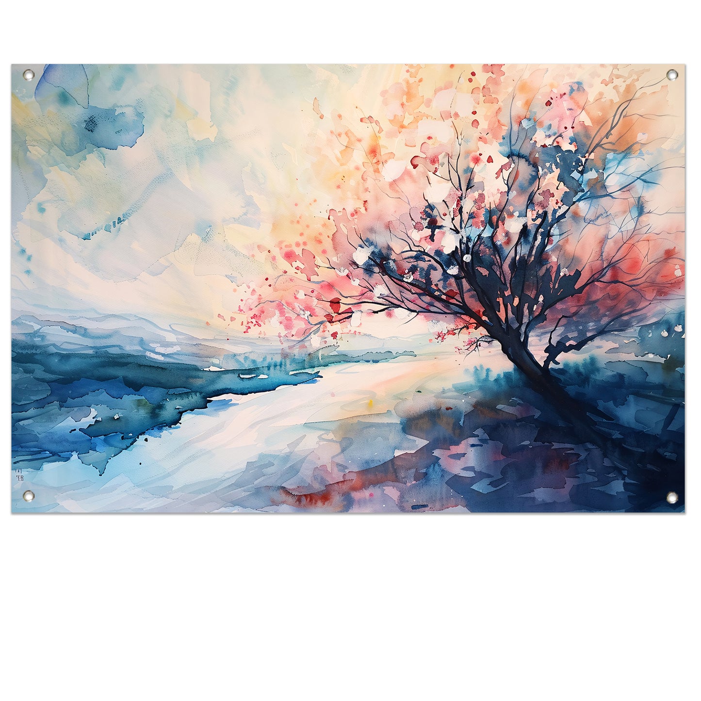 Bloeiende boom in serene aquarel landschapsweergave tuinposter