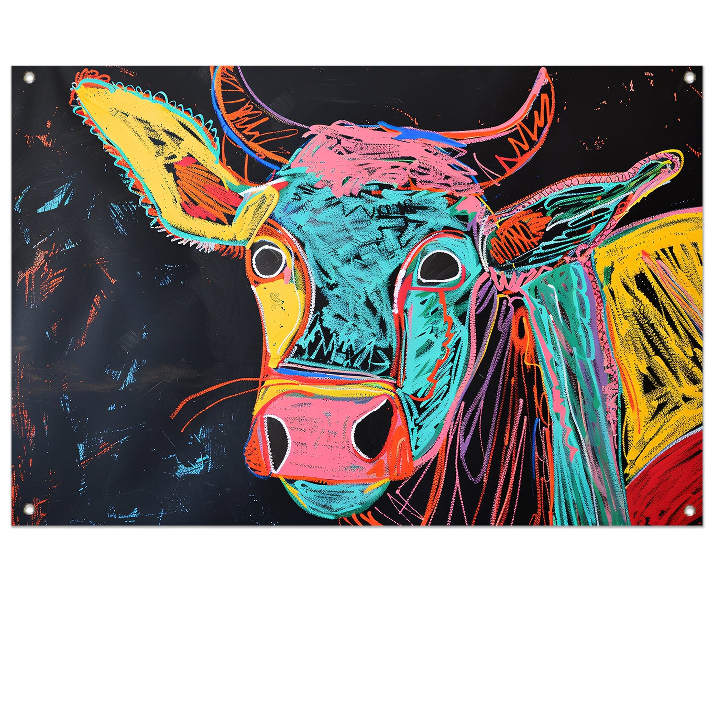 Abstracte kleurrijke koe op zwarte achtergrond tuinposter
