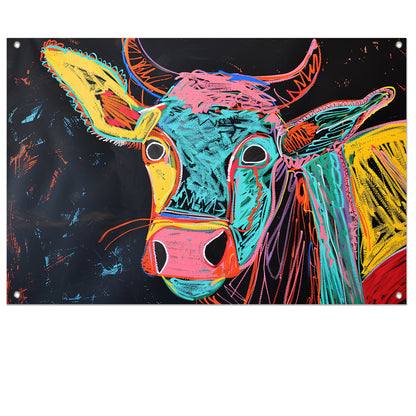 Abstracte kleurrijke koe op zwarte achtergrond tuinposter