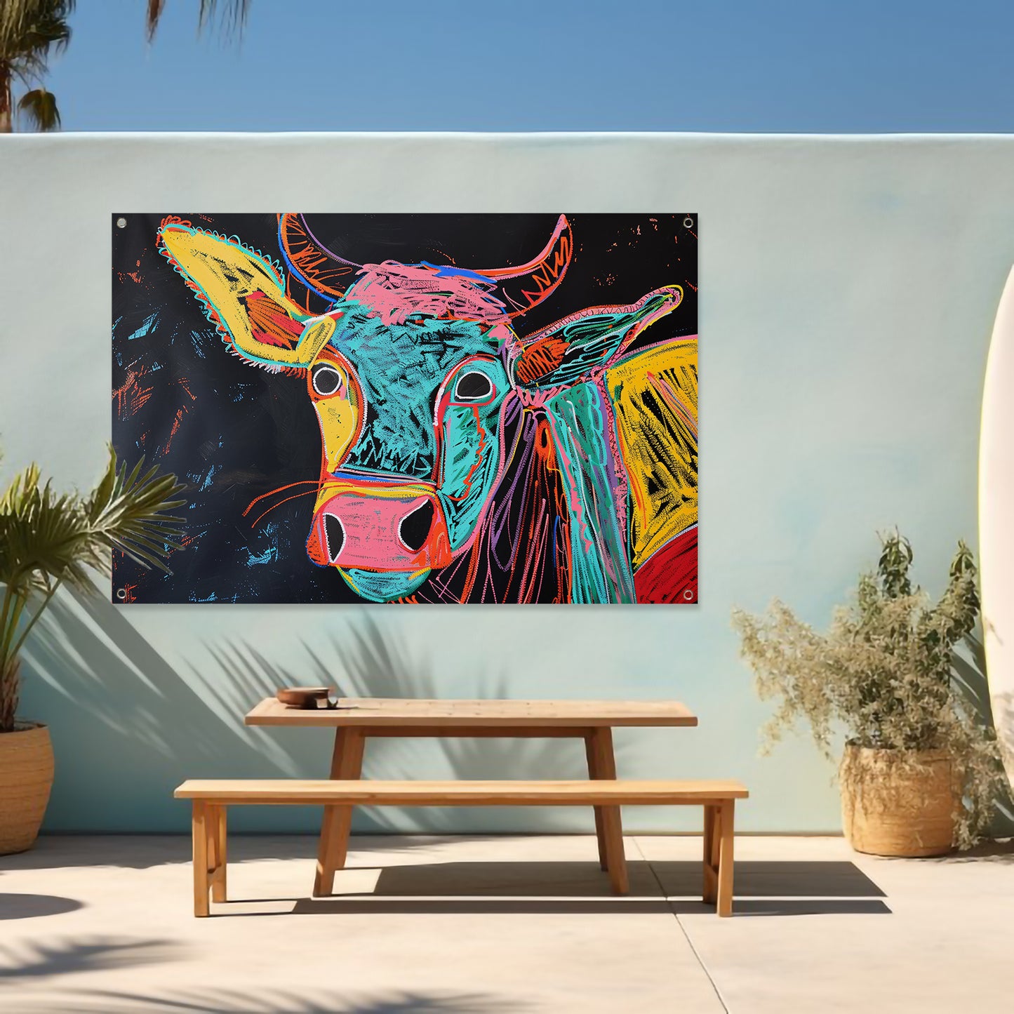 Abstracte kleurrijke koe op zwarte achtergrond tuinposter