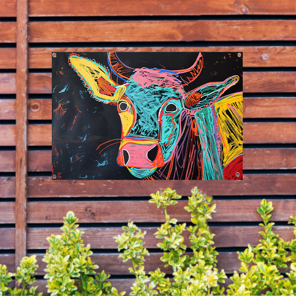 Abstracte kleurrijke koe op zwarte achtergrond tuinposter