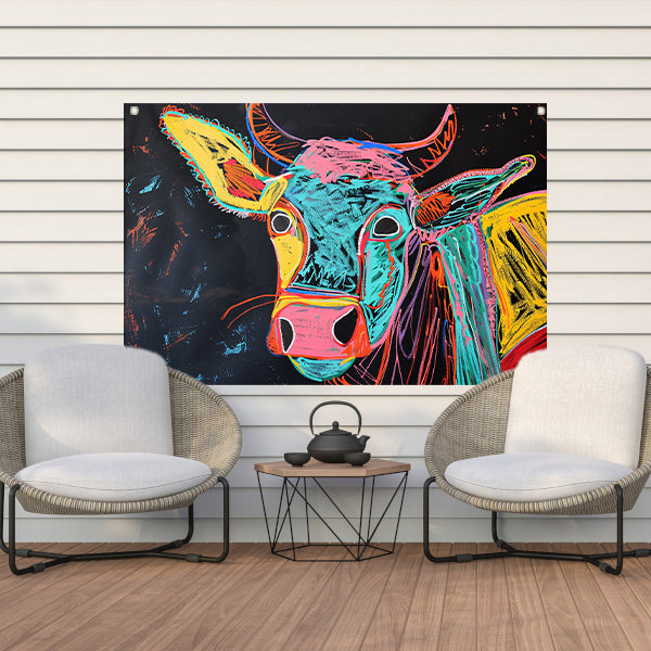 Abstracte kleurrijke koe op zwarte achtergrond tuinposter