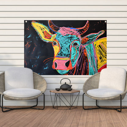 Abstracte kleurrijke koe op zwarte achtergrond tuinposter