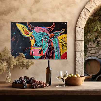 Abstracte kleurrijke koe op zwarte achtergrond tuinposter