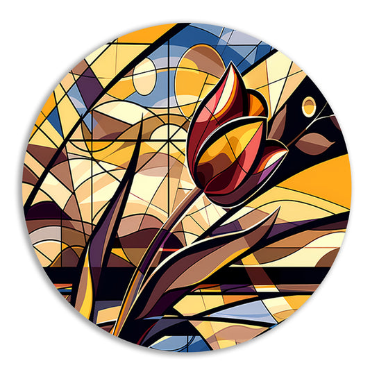 Kleurrijke abstracte tulpenkunst in kubistische stijl aluminium muurcirkel
