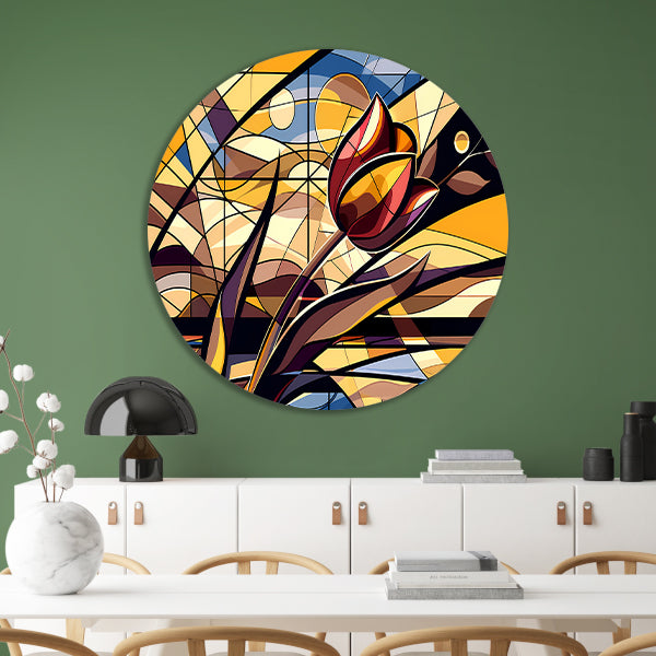 Kleurrijke abstracte tulpenkunst in kubistische stijl aluminium muurcirkel