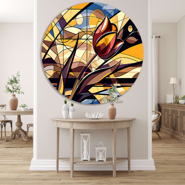 Kleurrijke abstracte tulpenkunst in kubistische stijl aluminium muurcirkel