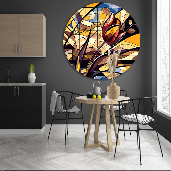 Kleurrijke abstracte tulpenkunst in kubistische stijl aluminium muurcirkel