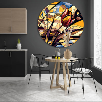 Kleurrijke abstracte tulpenkunst in kubistische stijl aluminium muurcirkel