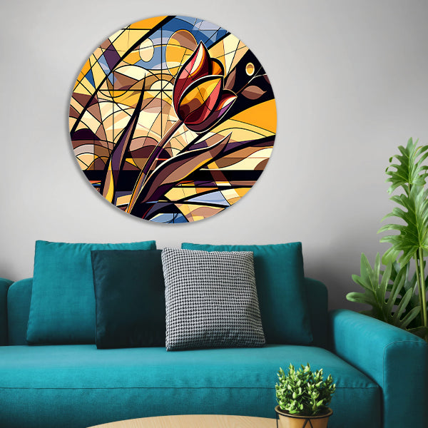 Kleurrijke abstracte tulpenkunst in kubistische stijl aluminium muurcirkel