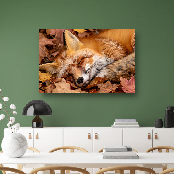 Slapende vos tussen herfstbladeren poster