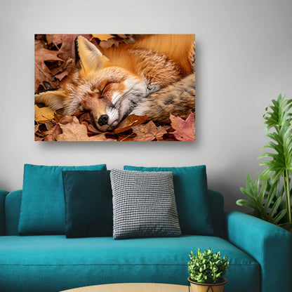 Slapende vos tussen herfstbladeren canvas