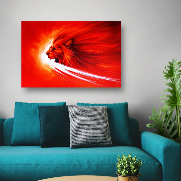 Abstracte leeuw in vurige kleuren schilderij canvas met baklijst