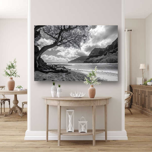 Eenzame boom op strand canvas met baklijst