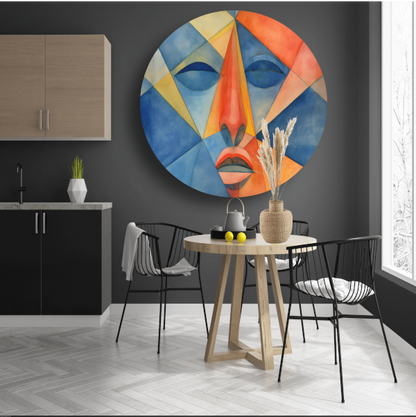 Geometrisch portret in lijnenspel aluminium muurcirkel